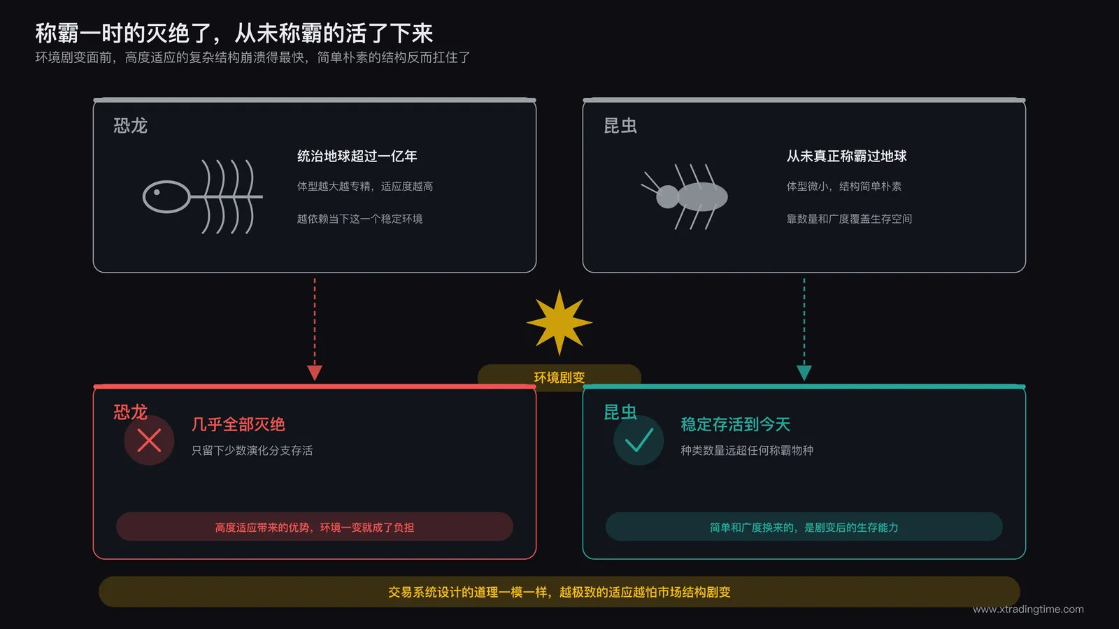 恐龙化石与昆虫标本并置对比的示意图,用来隐喻复杂系统与简单系统在环境剧变中的不同命运