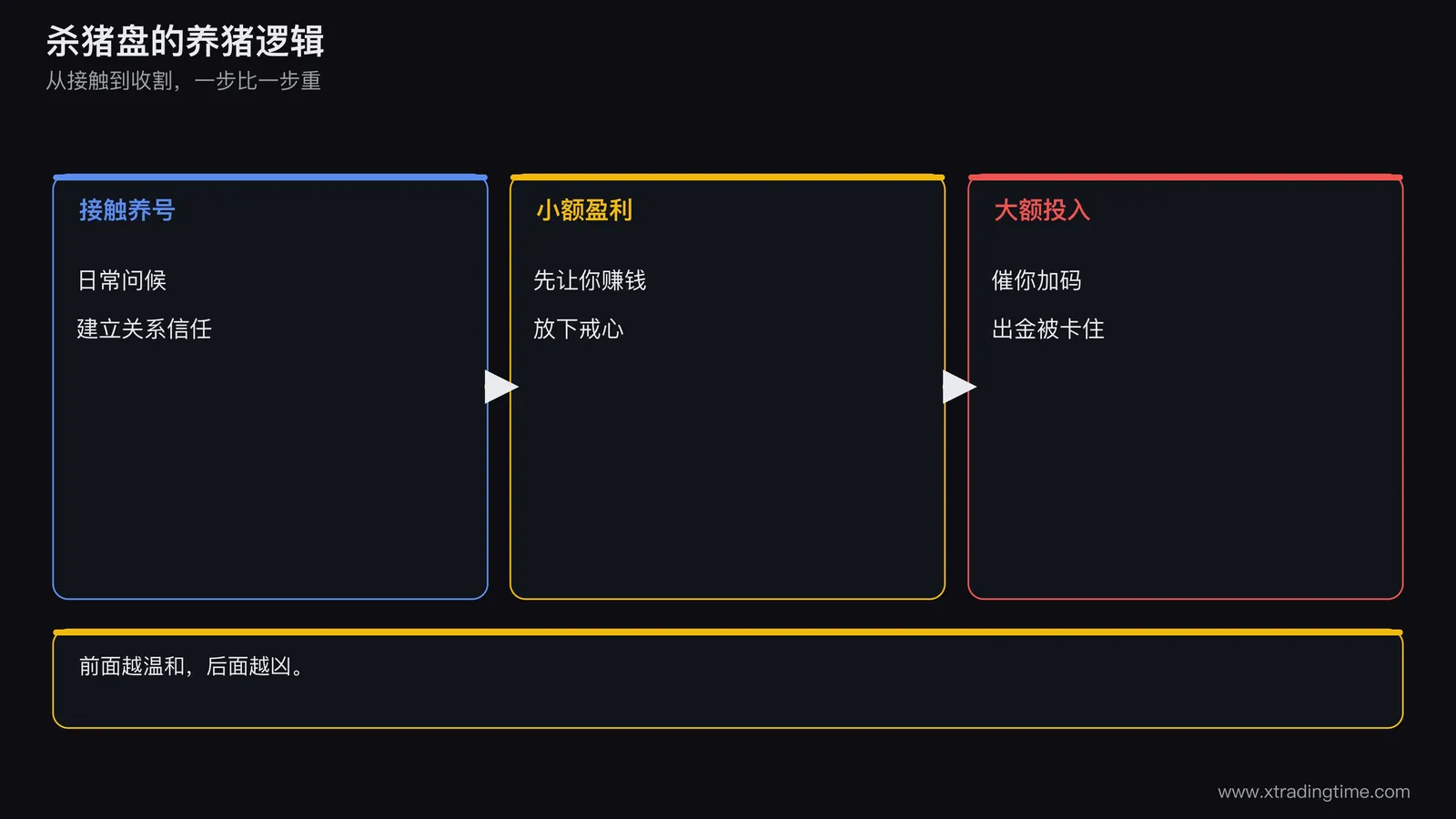 一张养猪到出栏的比喻示意图,左侧是接触与养号阶段,中间是小额盈利,右侧是大额投入后无法出金
