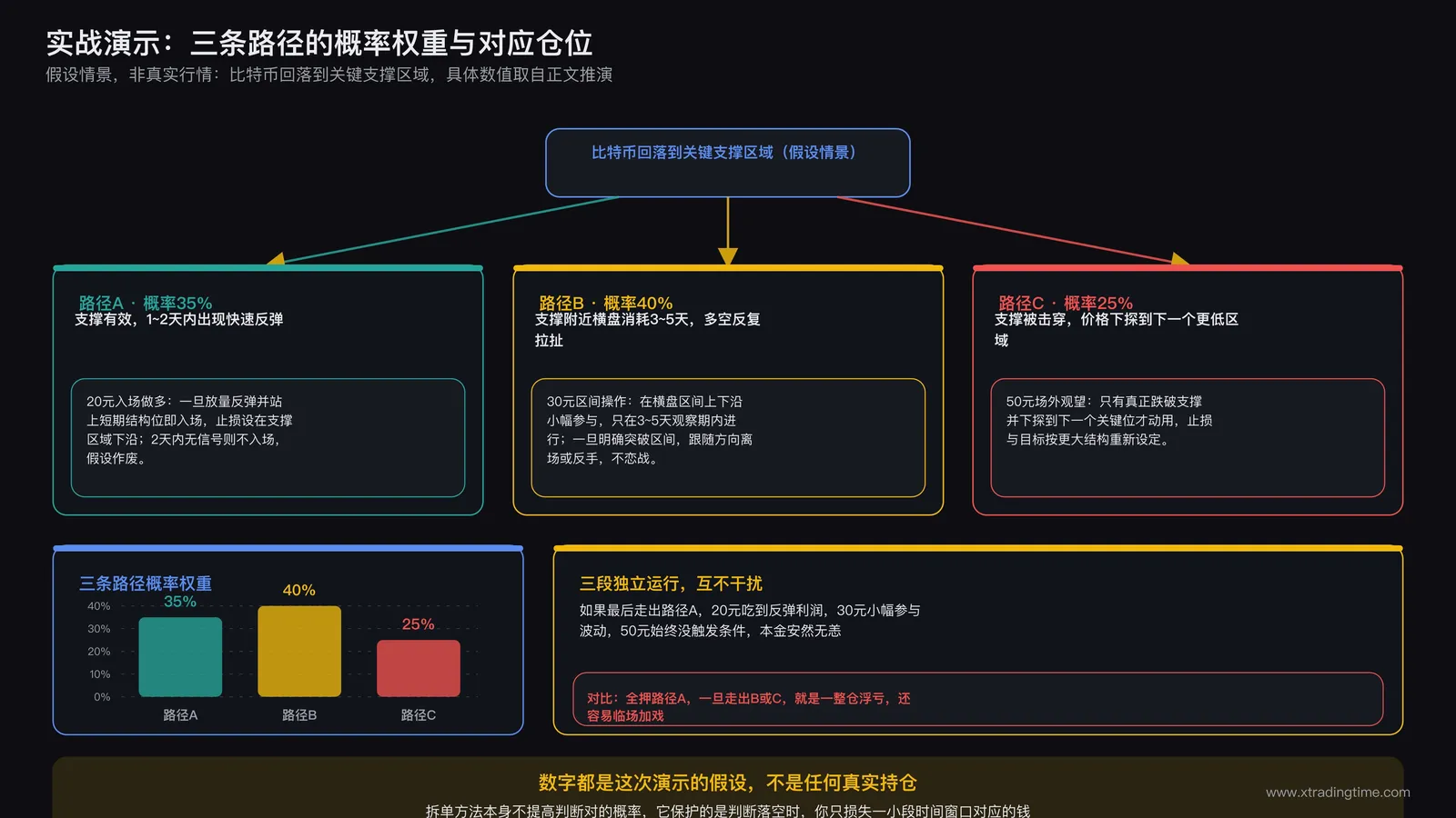 某标的关键支撑位三种可能路径概率权重分配与对应分层仓位执行示意图