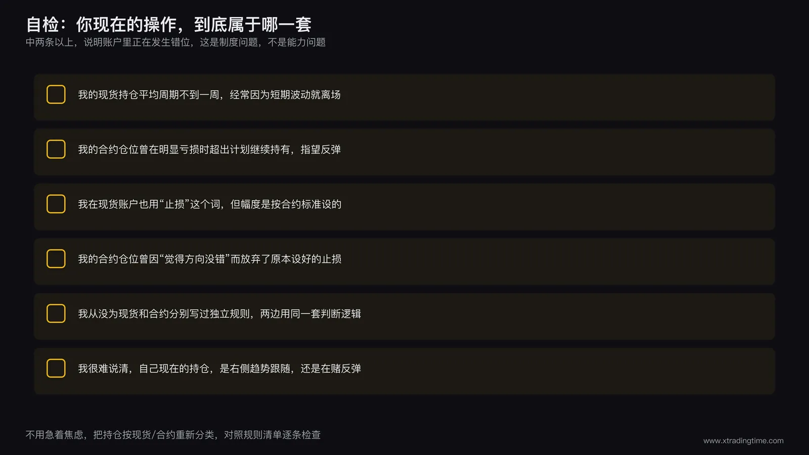 自检清单卡片,列出六项行为对照表