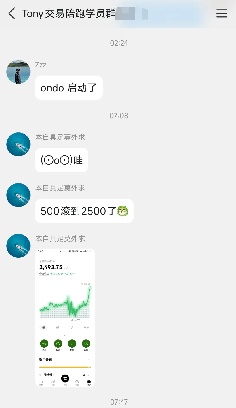 学员群聊天记录,02:24 一位成员发「ondo 启动了」,07:08 另一位成员发「500滚到2500了」,并附上一张账户截图,图中显示总资产估值 2,493.75 USD