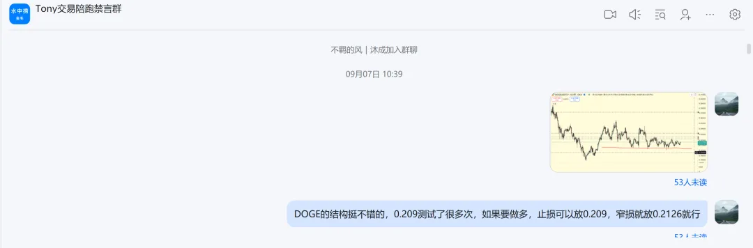 Tony 交易陪跑禁言群横版聊天截图,09月07日 10:39,先发了一张带水平价格线的 DOGE K 线图,随后是文字「DOGE的结构挺不错的,0.209测试了很多次,如果要做多,止损可以放0.209,窄损就放0.2126就行」
