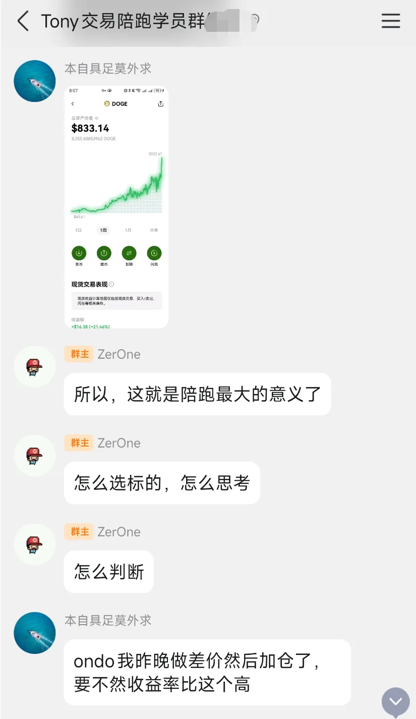 DOGE 持仓页面截图,总资产估值 $833.14,持仓 3,255.60853962 DOGE,1 周曲线从 $40.61 到 $922.47,收益额 +$16.38(+21.46%);下方群聊中群主 ZerOne 连发「所以,这就是陪跑最大的意义了」「怎么选标的,怎么思考」「怎么判断」,学员回「ondo 我昨晚做差价然后加仓了,要不然收益率比这个高」